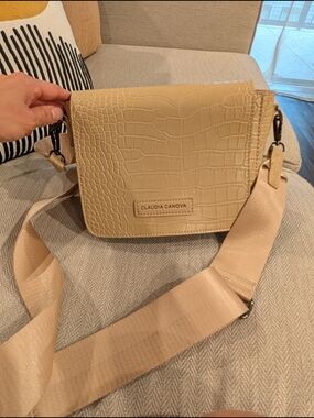 Beige Croc-Embossed Crossbody Bag